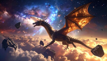 Fototapeta premium Majestic Dragon Soaring Through the Cosmic Clouds with Fiery Wings.