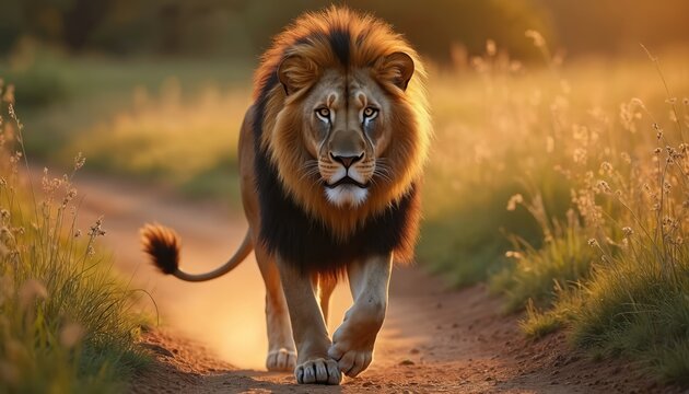 Male lion walks on path in savanna at golden light. Large cat prowls through grass landscape. Wild predator stalks its prey in hunt. Wildlife animal walks at sunrise.