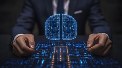 Corporate executive oversees glowing digital brain interface hovering over illuminated circuitry