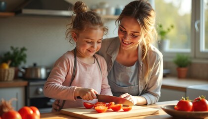 Young girl with down syndrome helps mom chop tomatoes in kitchen. Happy family cooks meal together. Child learns food prep with maternal support at home.