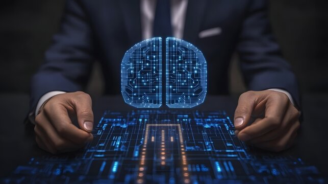 Corporate executive oversees glowing digital brain interface hovering over illuminated circuitry - Powered by Adobe
