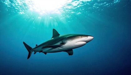 Fototapeta premium Majestic Shark Swimming in the Deep Blue Ocean Under Sunlight.