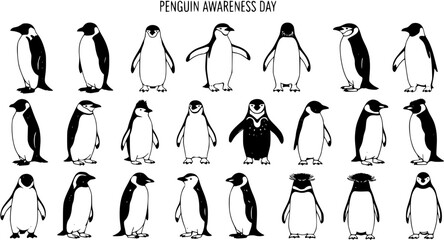 Black and White Hand-Drawn Penguin Illustrations Collection. Diverse wildlife line art set for nature education, animal awareness, and conservation designs. Cute arctic bird vector art.