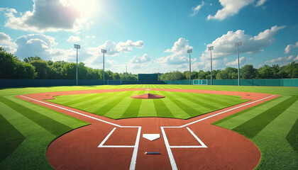 Baseball field at sunny day. View from home plate towards outfield. Green grass pitch ground bright sunlight sky with clouds. Sport competition area stadium.