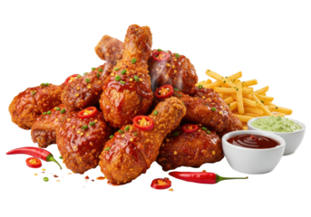 steaming pile of high-gloss, crispy fried chicken wings and drumsticks, garnished with red chili on a white background, intense savory commercial food concept