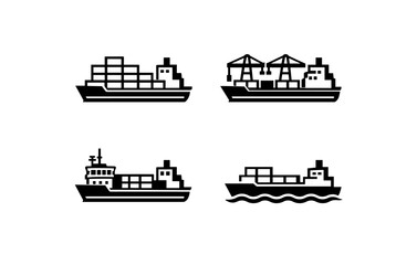 Obraz premium Silhouette icons of cargo ships with containers and cranes