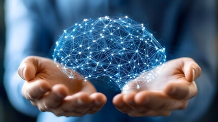 Illuminated digital network structure shaped like a human brain floats above cupped hands
