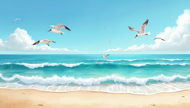 Illustration shows tranquil beach scenery with gulls. Blue sea waves break near sandy shore. Sunny day at coast provides feelings of peacefulness, relaxation for summer vacation mood. Sky clear,