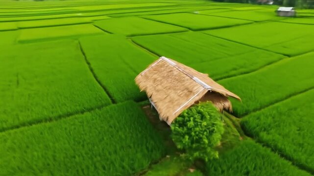 Aerial view of a small hut with a thatched roof surrounded by lush greenery in a vast paddy field. Perfect for agriculture, rural landscapes, and travel brochures.