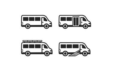 Set of four minivan icons side view with roof rack and accessibility features