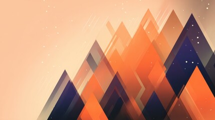 Abstract geometric mountains in warm hues of orange and dark blue.