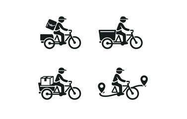 Illustrations of bicycle delivery with various cargo load options and navigation pins