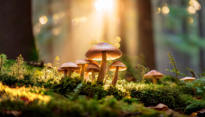 Mushrooms Thrive On A Mossy Forest Floor In Soft Sunlight