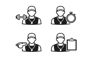 Icons of fitness training: equipment, stopwatch, whistle, clipboard