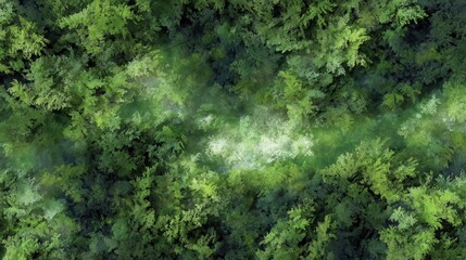 Aerial view of a dense green forest with lush treetops and soft sunlight.