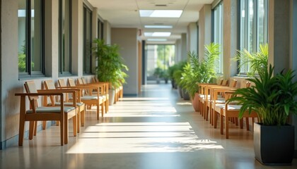 Fototapeta premium Bright sunlit hospital corridor with seating, rich greenery. Modern architecture interior design featuring chairs, plants. Sunny hallway creates calm peaceful atmosphere medical clinic waiting area.