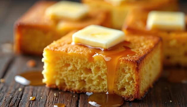 Close up photo of cornbread squares. The dessert features butter and honey on top. Golden baked squares on wooden rustic table show tasty food.