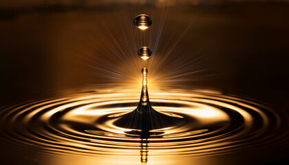 Water Drop Impact Creating Ripple With Golden Light