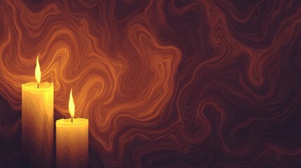 Two glowing candles emit a warm light against a swirling abstract background.