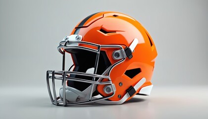 Bright orange football helmet with chrome facemask against neutral grey backdrop. Sport protective headgear stands out. Equipment for American football game. Protective gear for athletes. Concept of