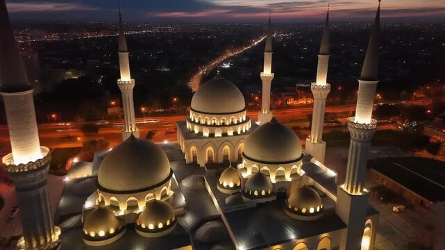 Aerial view of a grand mosque at dusk with illuminated domes and minarets.