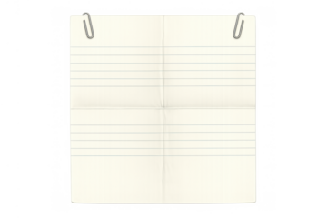 Lined notebook paper document attached with paper clips, wrinkled and folded, ready for message or reminder on transparent background