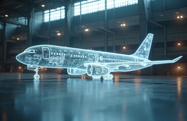 Holographic wireframe model of jet plane displayed in hangar. Futuristic concept of aircraft engineering, innovation in aviation industry. Transparent blueprint model shows internal structure,