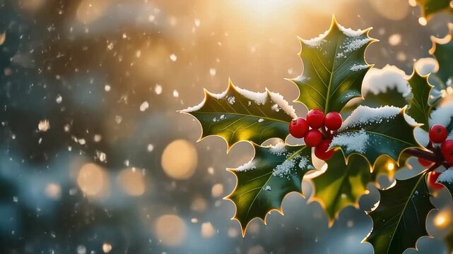 A close-up shot of holly leaves and berries covered in snow with soft bokeh lights in the background.
