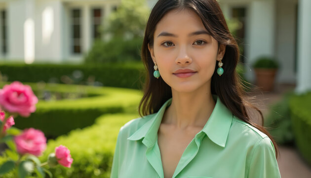 Elegant woman poses with stylish chrysoprase studs earring, mint shirt outdoors. Brunette lady smiles gently. Portrait of beauty, nature harmony. Spring fashion details with fresh blossom at garden.