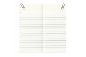 Lined notebook paper with paperclips, crumpled texture, transparent background for messages, notes, and school ideas