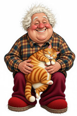 Cartoonish old man with white hair, plaid shirt, and red pants, holding a sleeping orange tabby cat on a white background.