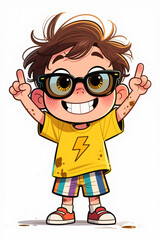 A cartoon boy with brown hair, black glasses, and a yellow lightning shirt, pointing up with both hands, wearing striped shorts and red shoes, on a white background with chocolate stains.