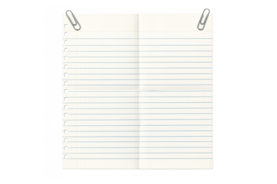 Lined notebook paper with paperclips, crumpled texture, transparent background for messages, notes, and school ideas - Powered by Adobe