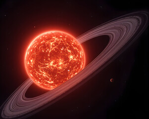 Red star planet orbit visualization glowing red dwarf with ring system and distant moon creating dramatic cosmic scene full of energy