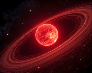 Red planet orbit visualization glowing red star with luminous ring and cosmic dust creating dramatic celestial scene full of motion and energy