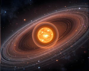 Glowing planet with bright star at center orbit within dusty ring visualization showing cosmic motion and warm orange light