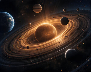 Planet orbit visualization glowing ringed planet with surrounding moons and distant planets creating dramatic cosmic scene full of wonder
