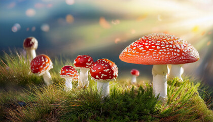 Landscape With Red And White Spotted Mushrooms Growing On Grassy Ground