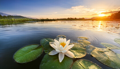 White Water Lily Flower Blooming On Green Lily Pad In Calm Lake At Sunset