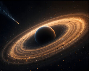 Planet orbit visualization of ringed gas planet with glowing debris and distant meteor streaking through space creating dramatic cosmic mood