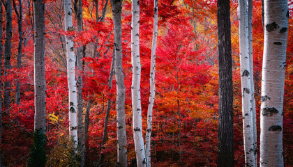 Vibrant Forest Displaying Striking Red Foliage And White Birch Trees In A Colorful Autumn Setting