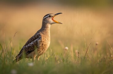 Obraz premium Male corn crake bird with open beak stands in green grass at sunrise or sunset. This wild creature displays detailed brown and white plumage. Its gaze is fixed on something off camera as it calls out.