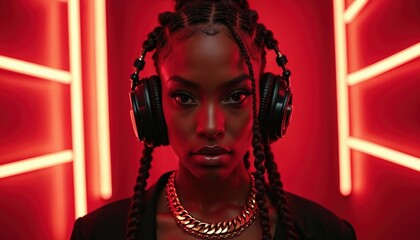 Black woman with headphones and braids wears gold chain. Female artist poses in red neon lights, looking confident. Music star, modern rapper, singer studio portrait.
