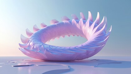 Abstract 3d render of pink, blue torus shape. Surface textured fabric look with flowing, petal like fins. Shape sits on flat white surface with small reflective puddles. Clean, minimalist background.