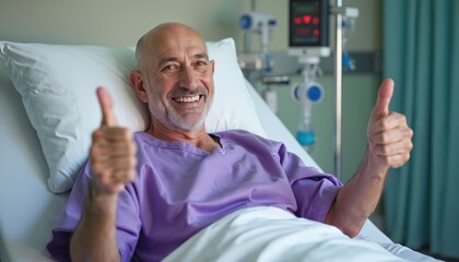 Obraz premium Bald senior man in purple hospital gown smiles, giving thumbs up. Elderly patient in bed, showing recovery success. Hopeful male fights illness in clinic room. Health care achievement. Positive