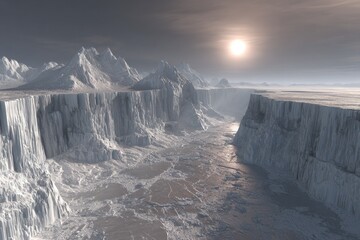 Digital Ice Mountains Landscape With Sunrise
