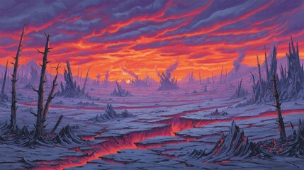 Pixelated Post Apocalyptic Landscape At Sunset