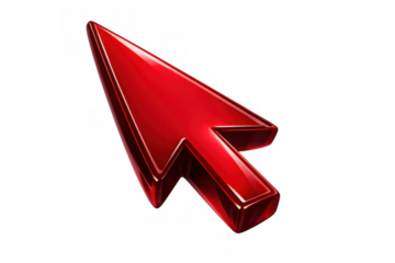 Red glossy 3d arrow pointer icon displaying a computer mouse cursor, navigating a digital interface and clicking