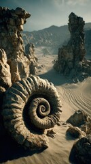 Ancient Ammonite Fossil In A Dramatic Desert Landscape