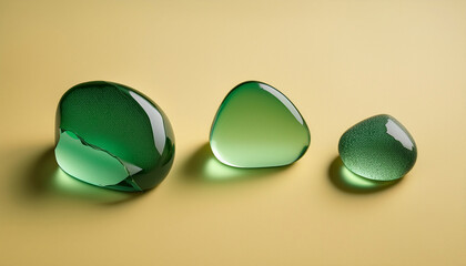 Three Smooth Green Glass Pebbles And Single Cracked Glass Pieces On Light Yellow Background Minimalistic Composition With Soft Shadows And Calm Mood